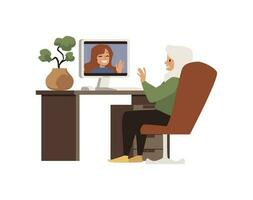 Elderly woman communicates using computer flat vector illustration isolated.