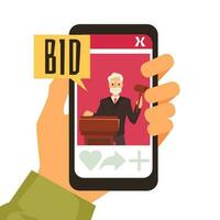Hand holding smart phone with online auction app on it vector concept.