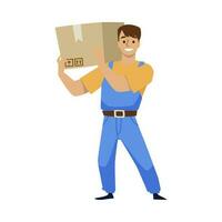 Smiling mover hold carton box on his shoulder. Warehouse worker deliver package cargo, cartoon vector illustration.