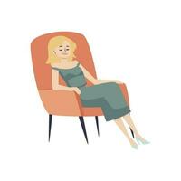 Relaxed woman sits or sleeps in armchair, flat vector illustration isolated on white background.