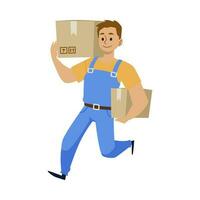 Moving delivery company employee with boxes flat vector illustration isolated.