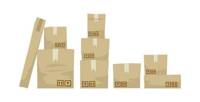 Set of cardboard boxes in cartoon style, flat vector illustration isolated on white background.