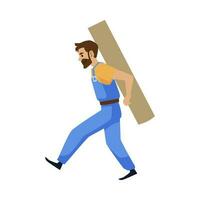 Delivery Man with a beard in blue uniform carrying Big Box Sideview. vector