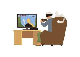 Senior elderly man playing video computer game flat vector illustration isolated.