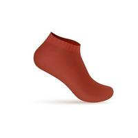 Red low cut sock realistic 3d mockup. Hidden non slip sport sock with elastic band on the foot, vector illustration.