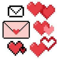 Set of different pixelated red hearts and letters for Valentine's Day vector