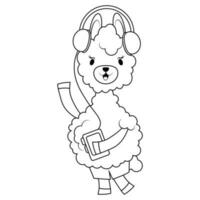 Alpaca with player and headphones coloring page vector