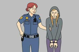 Female police officer arrest naughty teen girl criminal behaving bad. Policeman put handcuffs on teenage thief or crime suspect. Juvenile and underage crime concept. Vector illustration.