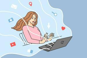 Anxious girl blown with load of information surfing internet on laptop. Shocked stunned young woman overloaded with notifications and data browsing web on computer. Vector illustration.