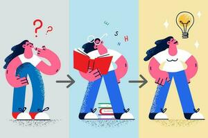 Confused young woman feel frustrated, red book and get problem solution. Motivated girl involved in process of self-education learning and studying solving troubles. Vector illustration.