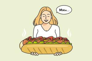 Happy young woman holding huge hot dog excited about tasting fast food. Smiling girl enjoy American junkfood snack. Cuisine and culinary. Vector illustration.