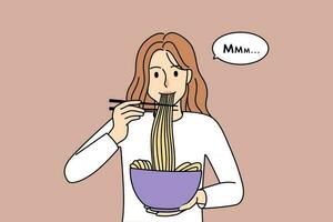 Smiling young woman hold bowl eat ramen with chopsticks. Happy girl sue stocks enjoy Japanese noodles in restaurant. Japan culture and cuisine. Vector illustration.