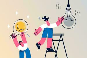 Worker help colleague change lightbulb. Concept of teamwork and cooperation. Employees or coworkers work together generate creative innovative business idea. Vector illustration.