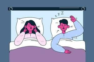 ronquido, insomnio, malo dormir concepto. irritado estresado joven mujer dibujos animados personaje sufrimiento desde insomnio porque de ronquidos hombre en cama y cubierta orejas con almohada vector ilustración, parte superior ver