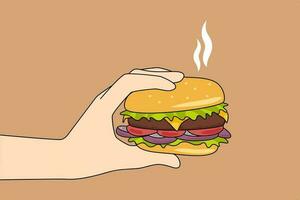 Closeup of fresh tasty burger with lettuce, meat patty, onions, tomatoes and cheese. Person hold delicious cheeseburger. American fast food culture and restaurant. Vector illustration.