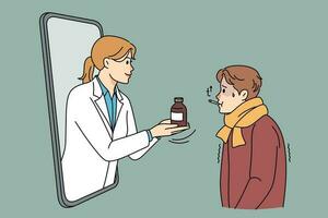 Sick patient have online appointment with doctor on cellphone. Caring nurse prescribe medication to ill man through mobile application. Distant healthcare and medicine. Vector illustration.