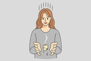 Unhappy distressed woman with burnt candle struggle with burnout or exhaustion. Upset stressed girl feel depressed and hopeless suffer from loss of interest. Dead soul. Vector illustration.