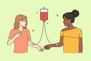 Smiling multiracial female donors give blood to donor bank. Happy caring women donate blood in hospital. Transfusion treatment and healthcare concept. Vector illustration.