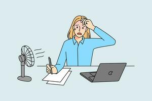 Stressed tired female employee working on table on computer during hot weather days. Exhausted unwell woman work in heat with fan. Summer workday in office. Vector illustration.