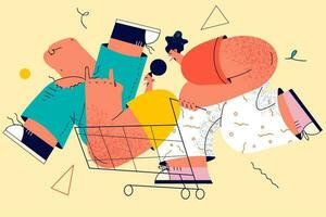 Happy lifestyle, enjoying time together and having fun concept. Positive man and woman having fun and riding on shopping cart in supermarket feeling playful vector illustration