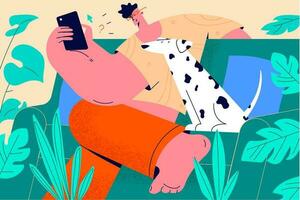 Spending time at home with pet concept. Young positive stylish boy cartoon character sitting at home on sofa with smartphone and enjoying company of his dog pet vector illustration