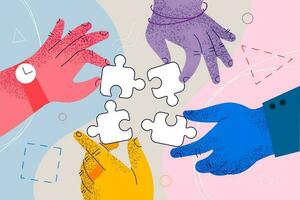 Teamwork, cooperation, business collaboration concept. Hands of business people partners trying to connect puzzle pieces at office as meaning of successful teamwork and common projects illustration vector
