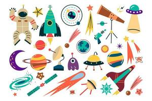 Space doodle set. Collection science fiction drawing of astronaut with spacesuit planets and stars with meteors and rockets. Universe or galaxy earth and mars abstract vector illustration for print.