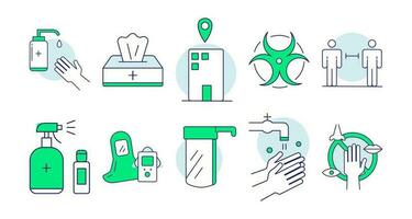 Hygiene doodle set. Collection of isolated icons of protective sanitizer napkins soap and spray outline pictogram. illustration of quarantine social distancing and coronavirus protection for print. vector