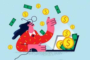 Overjoyed businesswoman work online on computer get financial dividend from successful investment. Happy woman worker or employee receive money from web remote job. Vector illustration.