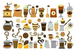 Coffee time doodle set. Collection of different sorts of liquid drinks hot beverages with caffeine mocha latte cappuccino espresso cups isolated on white cartoon vector illustration for print.