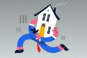 Distressed man carry house on back tightened by credit or bank loan burden. Unhappy male hold home tied by financial mortgage, need pay taxes expenses. Lease, finance concept. Vector illustration.