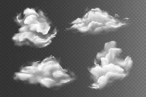 Realistic sky clouds set. Collection of realism style drawn different form shape fluffy cumulus vapor isolated mist. Overcast earth atmosphere 3d graphic illustration for print banners. vector