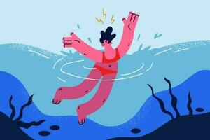 Stressed woman drowning in water ask beg from help. Worried young female panic sinking underwater on summer resort scream shout for helper. Dangerous marine activity. Vector illustration.