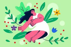 Happy young woman sit in flowers show love and care to nature. Smiling millennial girl surrounded by floral composition and greenery demonstrate female mental health stability. Vector illustration.