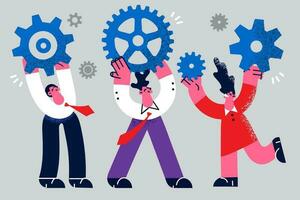 Diverse businesspeople hold cogs engaged in teambuilding at workplace motivated for shared result. Employees work for mutual company success. Collaboration and teamwork. Vector illustration.