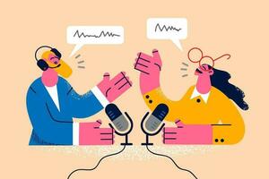 Smiling radio host talk with guest on microphone on live stream in air. Happy presenter have communication with speaker, record podcast together. Entertainment and amusement. Vector illustration.