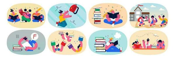 Set of happy small children pupils study with books in offline school. Collection of excited little kids schoolchildren enjoy learning with textbooks. Education concept. Flat vector illustration.