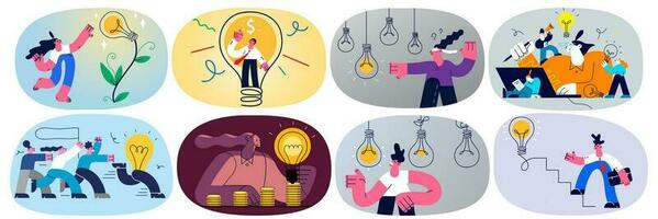 Collection of employee or workers strive for business success generate business idea. Set of businesspeople with lightbulb brainstorm think of innovative project or startup. Flat vector illustration.