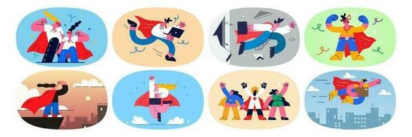 Set of businesspeople as superheroes show power and strength at workplace. Collection of employees or workers as heroes strive for goal achievement. Leadership concept. Vector illustration.