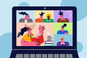 Laptop screen with diverse kids and teacher have online lesson on lockdown. Multiracial students enjoy webcam class or lecture with tutor or coach on computer. Vector illustration.