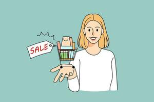 Smiling woman with shopping cart buy things on sale or discount. Happy female client or buyer excited with seasonal promotions of offers. Shopaholic life and consumerism. Vector illustration.