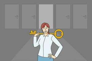 Smiling successful businesswoman hold key stand in front of doors find answer. Motivated woman employee open door achieve business success or career goal. Flat vector illustration.