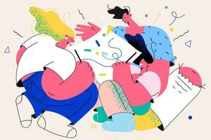 Spending time together in family, hobby and leisure concept. Happy family with child cartoon characters sitting and drawing picture on paper with colorful pencils together vector illustration