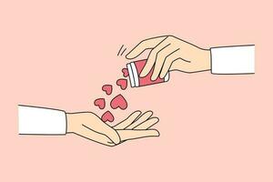 Closeup of hand give pills in form of hearts spread love and care to friend. People share affection and support. Metaphor of medication for kindness and comfort. Flat vector illustration.