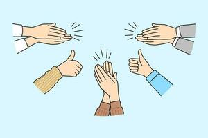 Closeup of diverse people hands applaud congratulate with success or promotion. Employees clap hands show thumbs up greeting with successful work. Ovation and celebration. Vector illustration.