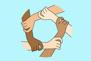 Closeup top view of diverse multicultural people stack hands show unity and support. Multiethnic friends join hand in circle involved in teambuilding. Teamwork. Vector illustration.