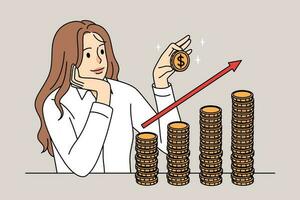 Happy businesswoman stacking coins increase income or profit in business. Successful woman receive revenue from investment. Finance and savings concept. Vector illustration.