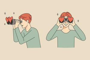 Happy young man look in binoculars with heart symbols looking for love or affection. Smiling guy search relationships on dating website or application. Relations goal. Vector illustration.