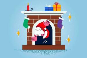 Santa Claus in costume come out of chimney on Christmas eve. Happy Santa leave presents for New Year at home. Winter holiday celebration and traditions. Flat vector illustration.