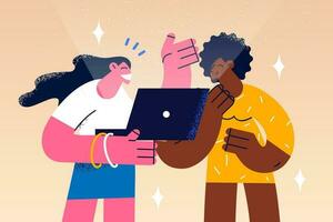 Smiling diverse girls hold laptop talk speak on video call together. Happy multiracial girlfriends enjoy using computer for online communication. Technology concept. Vector illustration.